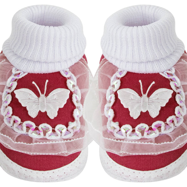 6 To 12 Months Baby Girls & Baby Boys Soft Cotton Butterfly Booties (White, Maroon)-BT17