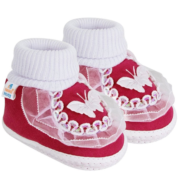 6 To 12 Months Baby Girls & Baby Boys Soft Cotton Butterfly Booties (White, Maroon)-BT17