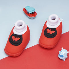 6 To 12 Months Baby Girls & Baby Boys Soft Cotton Cute Butterfly Booties (Red,Grey)-BT4418