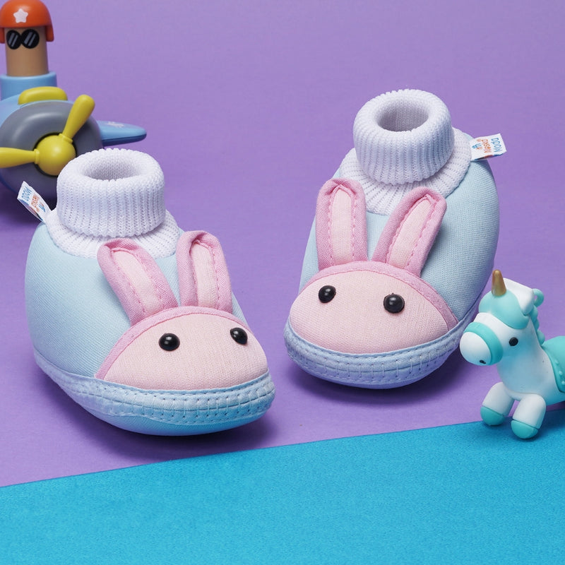 6 To 12 Months Baby Boys & Baby Girls Cute Soft Cotton Pre-Walker Rabbit Face Booties (Sky Blue,Peach)