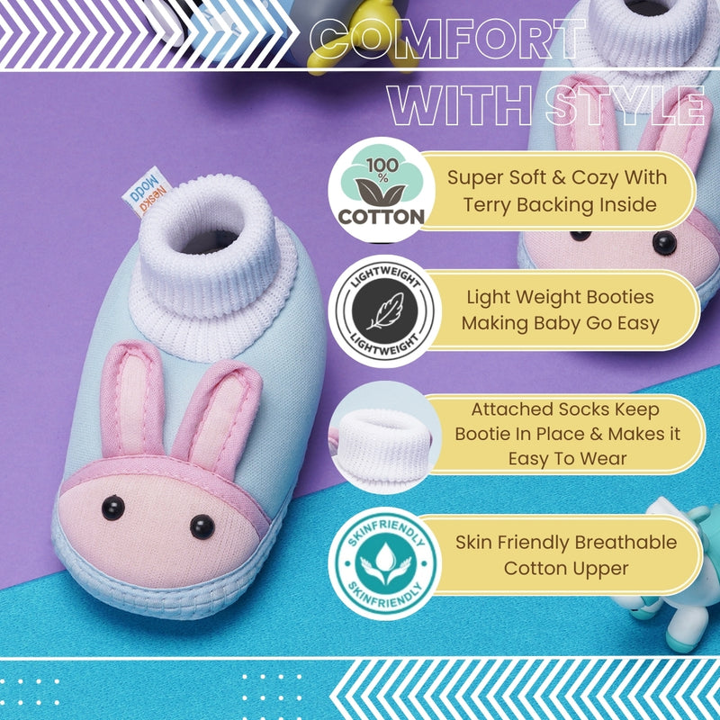 6 To 12 Months Baby Boys & Baby Girls Cute Soft Cotton Pre-Walker Rabbit Face Booties (Sky Blue,Peach)