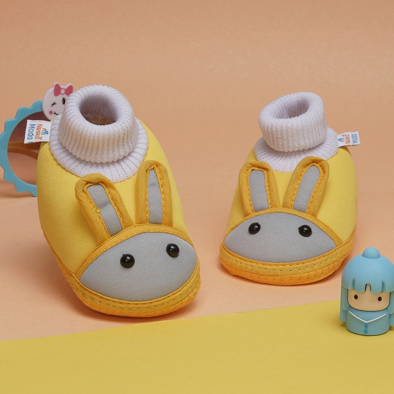 6 To 12 Months Baby Boys & Baby Girls Cute Soft Cotton Pre-Walker Rabbit Face Booties (Yellow,Grey)-BT4456