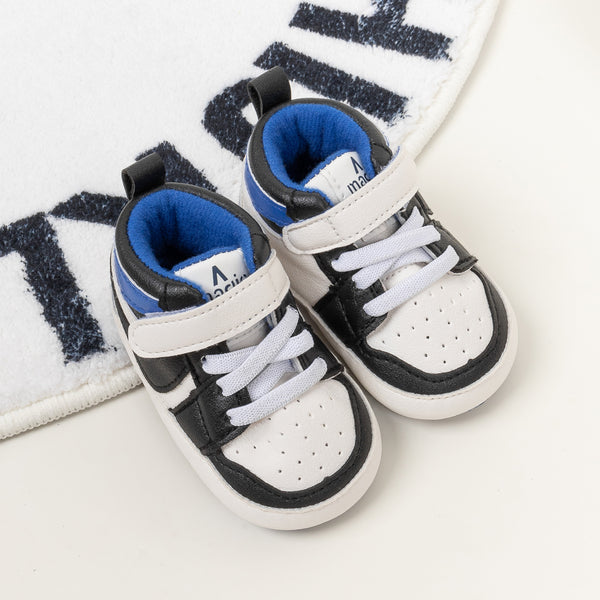 6 to 12 Months Baby Boys Synthetic Leather Shoes,Infant Non Slip Sole Velcro Booties (White,Blue)-BT4524