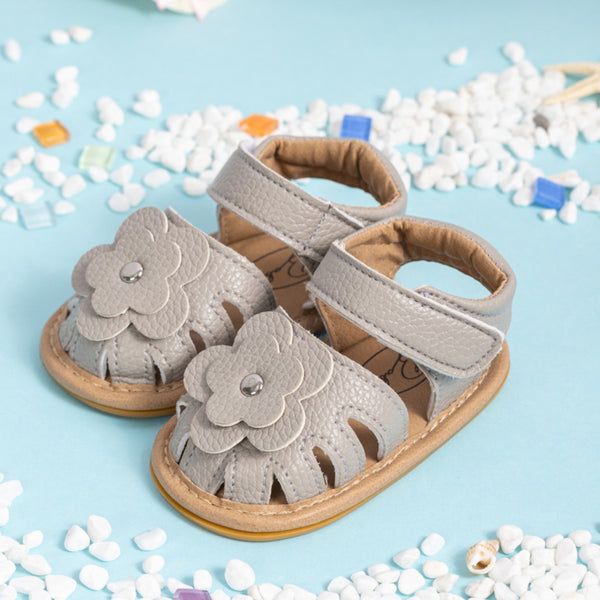 Neska Moda 6 to 12 Months Baby Girls Anti-Slip Floral Design Hook & Loop Sandal (Grey)-BT4674