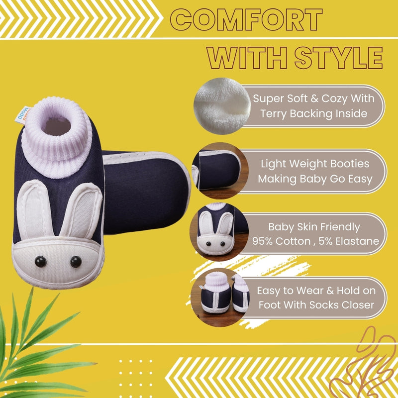 6 To 12 Months Baby Boys & Girls Cute Soft Cotton Pre-Walker Rabbit Face Booties (Navy)-BT2155
