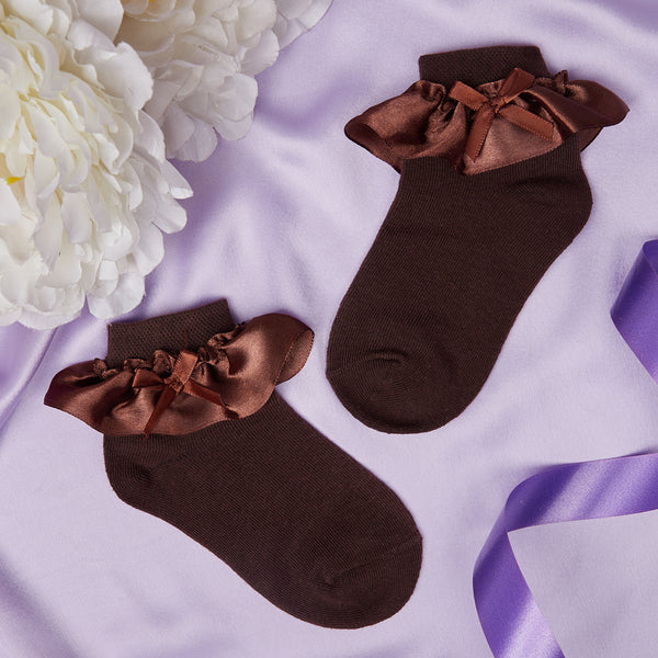 Girl's 1 to 2 Years Frill Lace Party Wear Cotton Ankle Socks (Brown)-SK1317