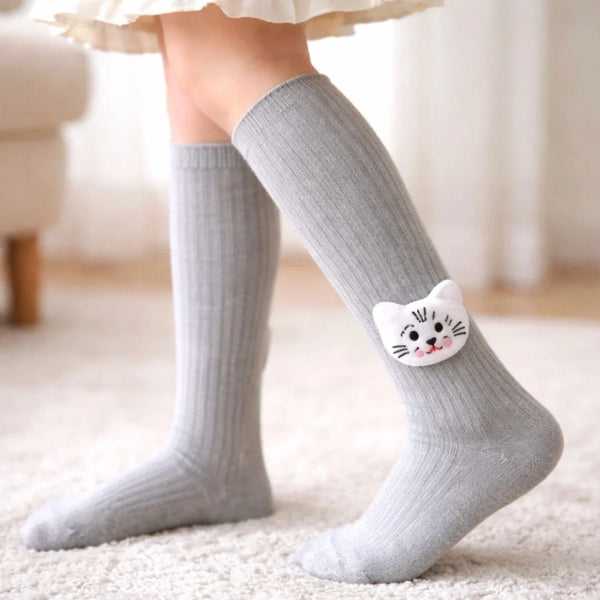 Unisex Cotton Grey Calf Length Kids Cartoon Long Cat Face Socks-SK1492andF05