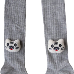 Unisex Cotton Grey Calf Length Kids Cartoon Long Cat Face Socks-SK1492andF05