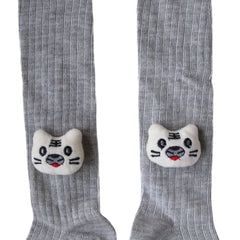 Unisex Cotton Grey Calf Length Kids Cartoon Long Cat Face Socks-SK1492andF05
