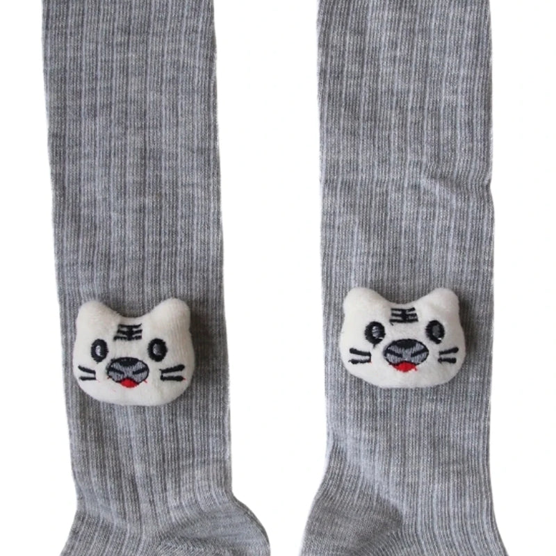 Unisex Cotton Grey Calf Length Kids Cartoon Long Cat Face Socks-SK1492andF05