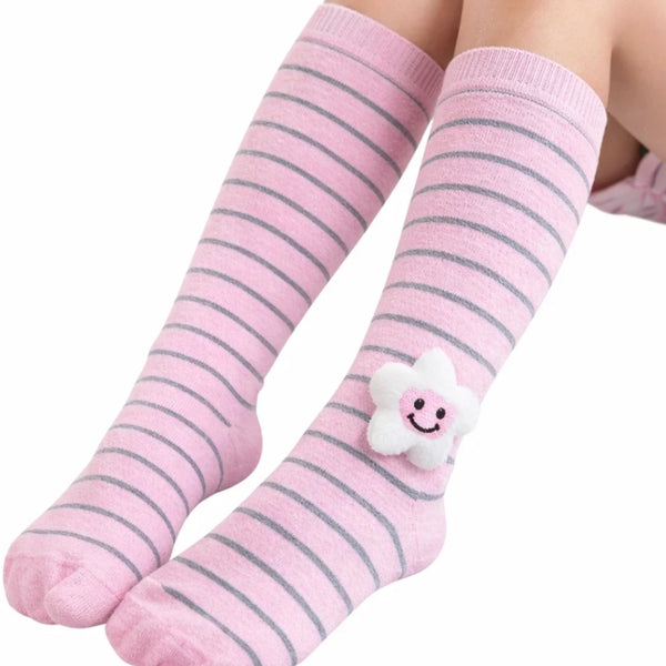 Unisex Cotton Pink Calf Length Kids Cartoon Long Smiley Star Face Socks-SK1494andF07