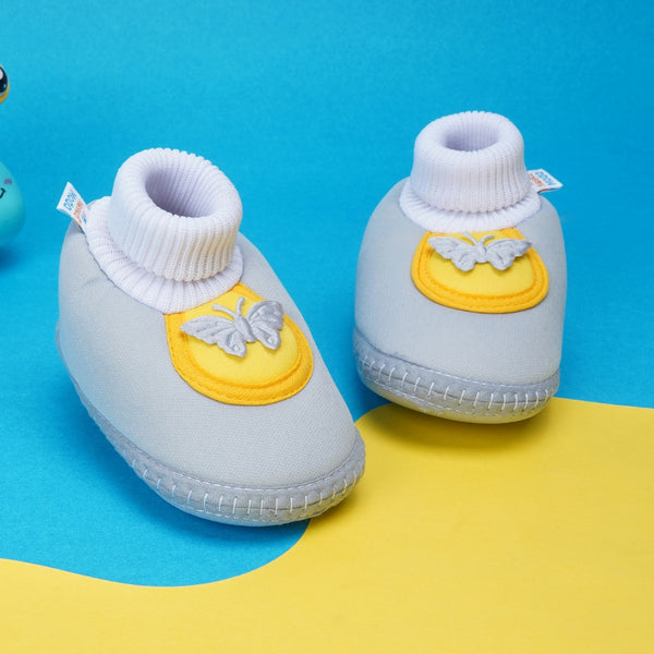 6 To 12 Months Baby Girls & Baby Boys Soft Cotton Cute Butterfly Booties (Grey,Yellow)-BT4417
