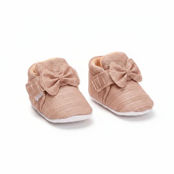 Baby Unisex Partywear Cotton Shiny Bow Shoes Booties (Brown)-BT3888