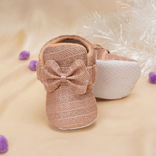 Baby Unisex Partywear Cotton Shiny Bow Shoes Booties (Brown)-BT3888