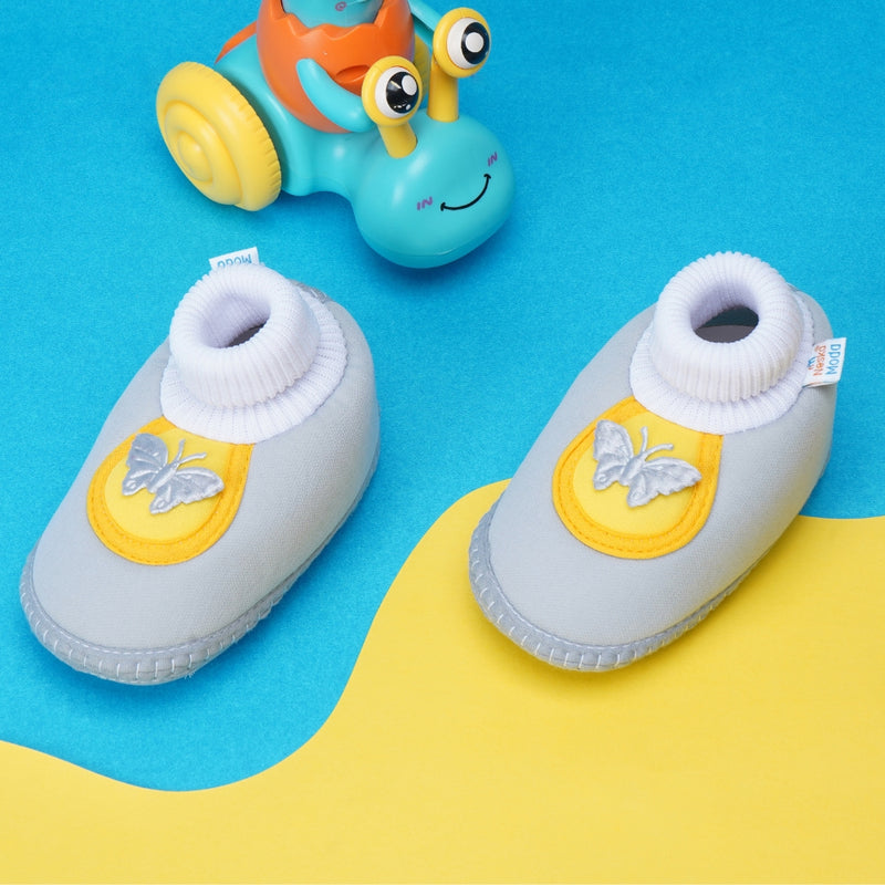 6 To 12 Months Baby Girls & Baby Boys Soft Cotton Cute Butterfly Booties (Grey,Yellow)-BT4417