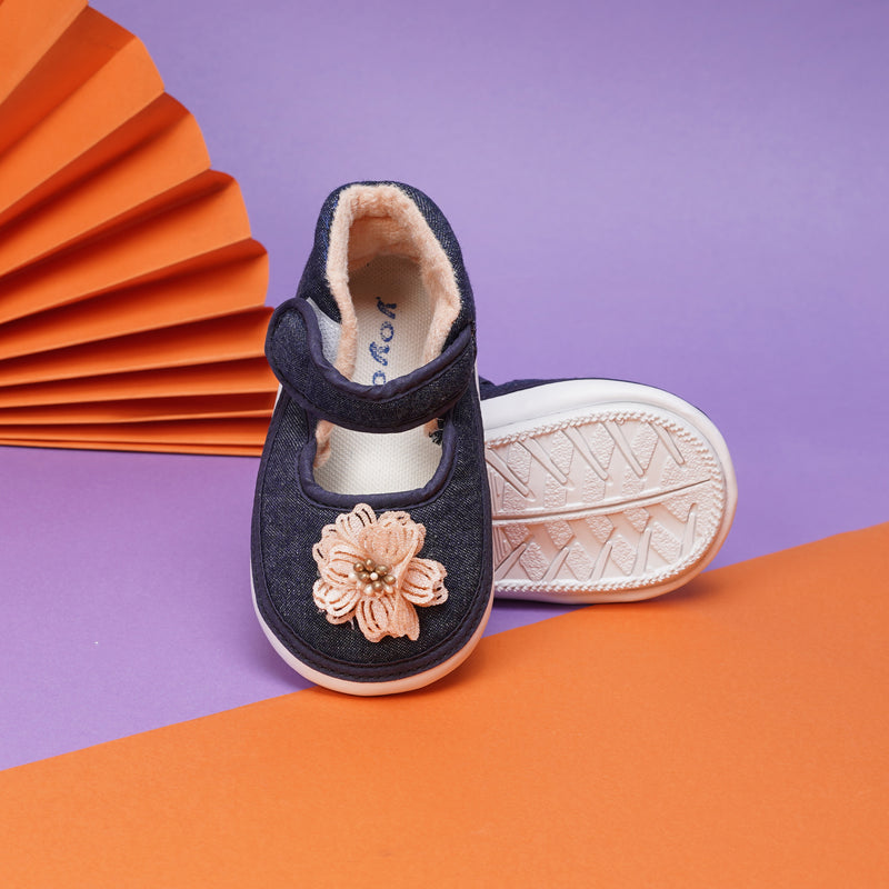 Baby Girls Cotton Velcro Chu Chu Musical Belly Shoes/ Booties (Navy Blue)-BT4315