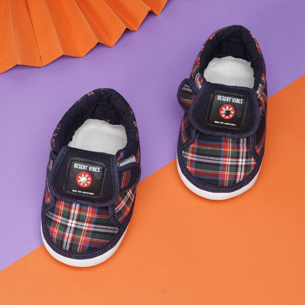 Baby Girls Cotton Checkered Velcro Chu Chu Musical Shoes/ Booties (Navy Blue)-BT4291