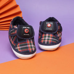 Baby Girls Cotton Checkered Velcro Chu Chu Musical Shoes/ Booties (Navy Blue)-BT4291