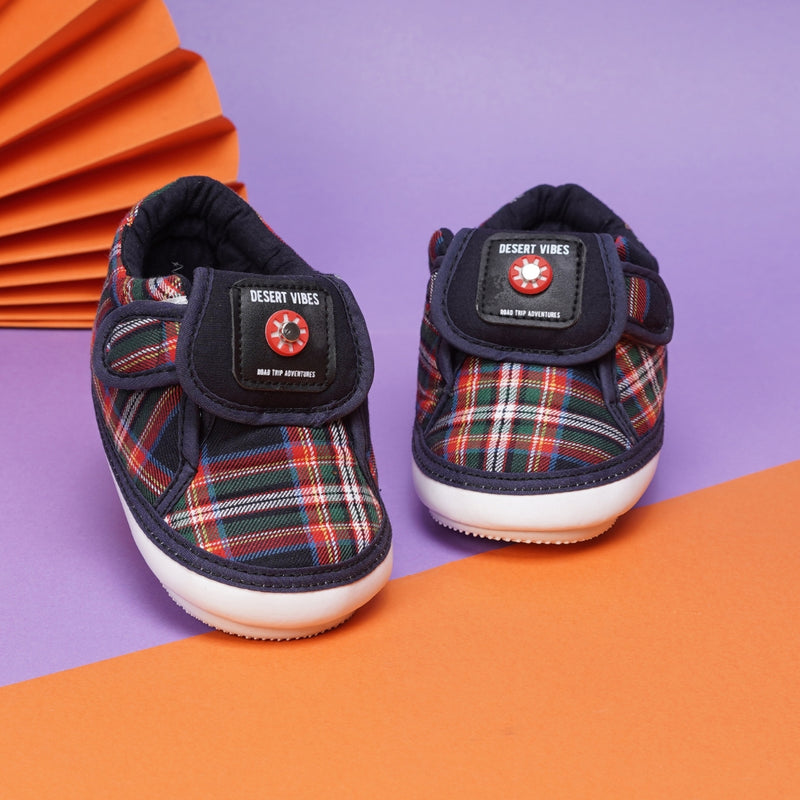 Baby Girls Cotton Checkered Velcro Chu Chu Musical Shoes/ Booties (Navy Blue)-BT4291