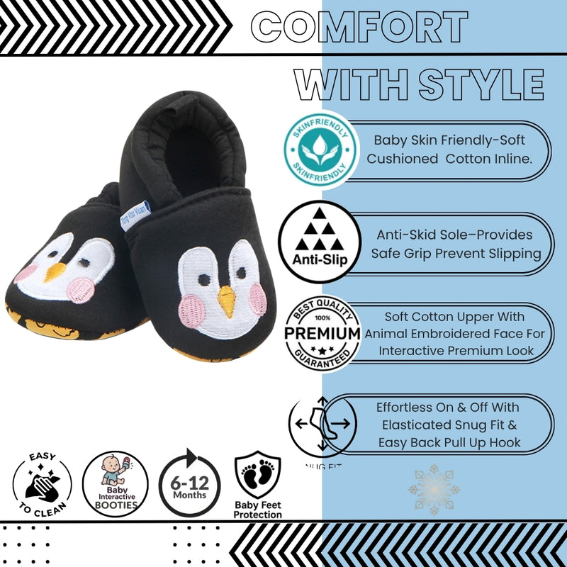 Baby Unisex Cotton Penguin Face Anti-Skid Slip-on Slipper Booties (Black)-BT5127