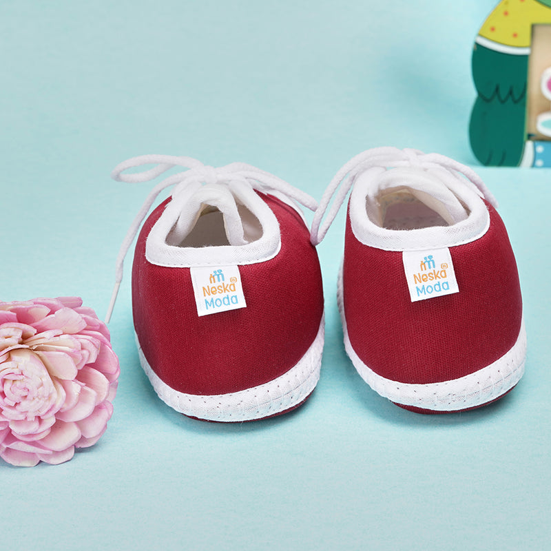 6 To 12 Months Baby Boys & Baby Girls Cute Soft Cotton Pre-Walker Lace Booties (Maroon)-BT80