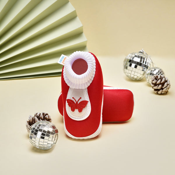 6 To 12 Months Baby Boys & Girls Cute Soft Cotton Pre-Walker Butterfly Booties (Red)-SK128