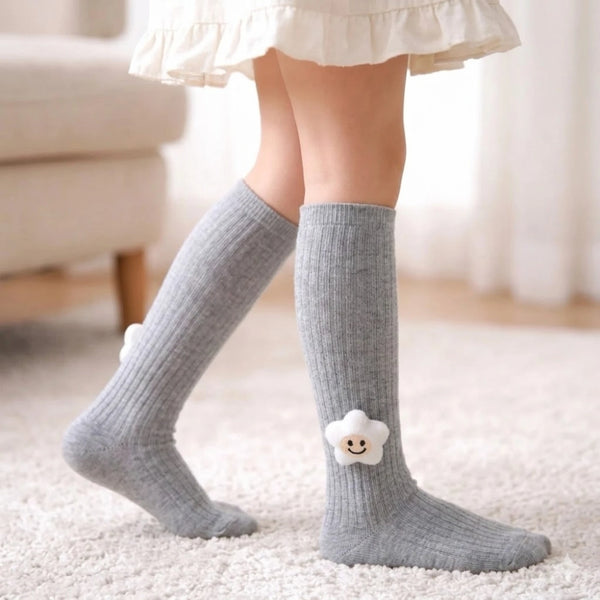 Unisex Cotton Grey Calf Length Kids Cartoon Long Smiley Star Face Socks-SK1492andF08