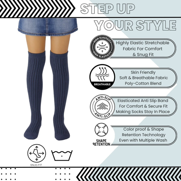 Unisex Cotton Plain Calf Length Blue Kids Long Socks-SK1493