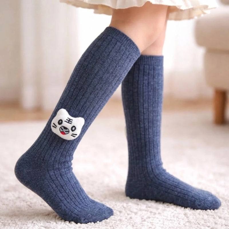 Unisex Cotton Blue Calf Length Kids Cartoon Long Cat Face Socks-SK1493andF05