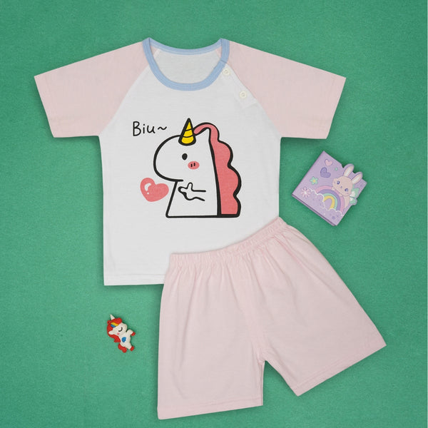 Boys & Girls Cotton Kids Half T-shirt Pant Clothing set/Night Dress (White,Pink)-BD164
