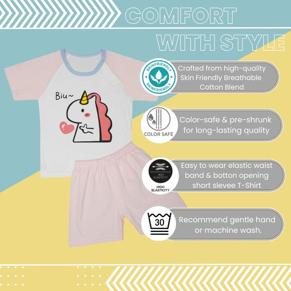 Boys & Girls Cotton Kids Half T-shirt Pant Clothing set/Night Dress (White,Pink)-BD164