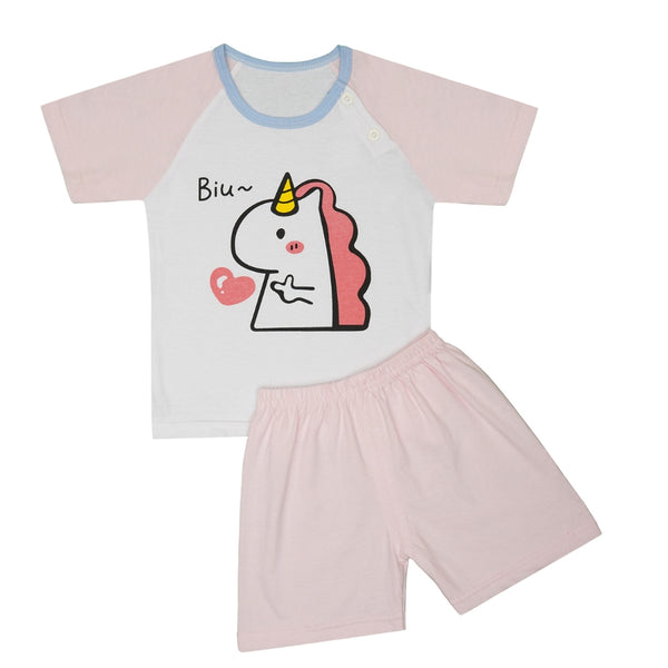 Boys & Girls Cotton Kids Half T-shirt Pant Clothing set/Night Dress (White,Pink)-BD164