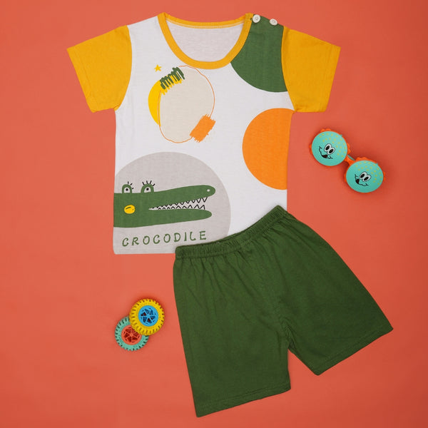 Boys & Girls Cotton Kids Half T-shirt Pant Clothing set/Night Dress (White,Green)-BD182