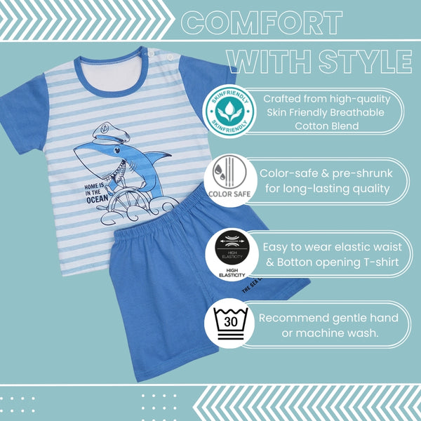 Boys & Girls Cotton Kids Half T-shirt Pant Clothing set/Night Dress (White,Blue)-BD203