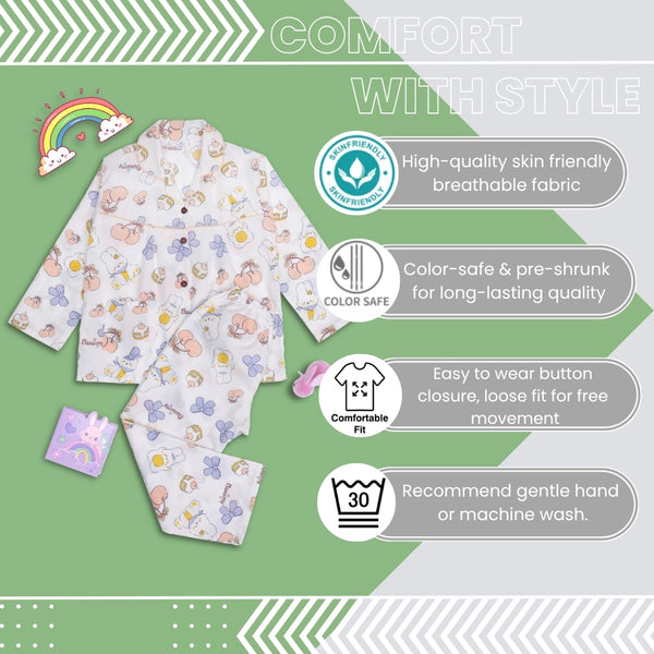 Baby Girls Cotton Top and Pyjama Combo Set Baby Dress/Night Suit (White,Purple)-BD346