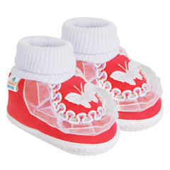 Baby Unisex Cotton Butterfly Frill Red,White Booties-BT1147