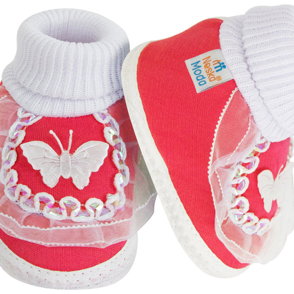 Baby Unisex Cotton Butterfly Frill Red,White Booties-BT1147