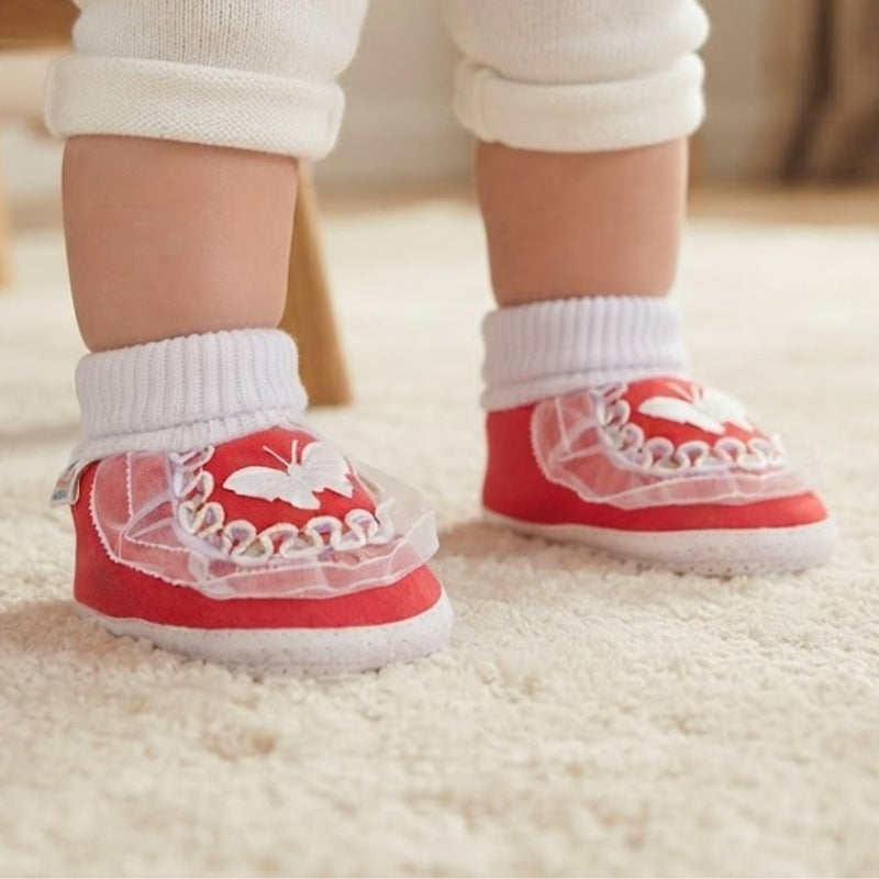 Baby Unisex Cotton Butterfly Frill Red,White Booties-BT1147