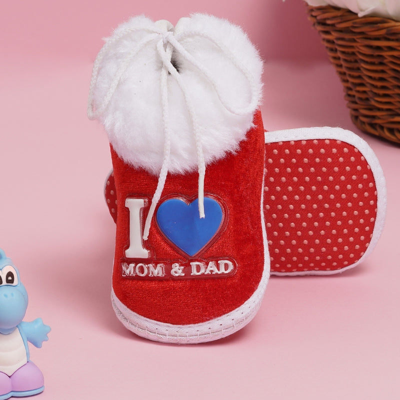 Baby Unisex Cotton and Fur I Love Mom and Dad Print Red Sandal -BT1509
