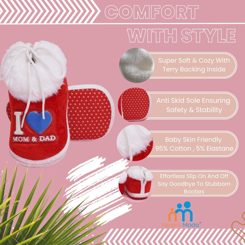 Baby Unisex Cotton and Fur I Love Mom and Dad Print Red Sandal -BT1509