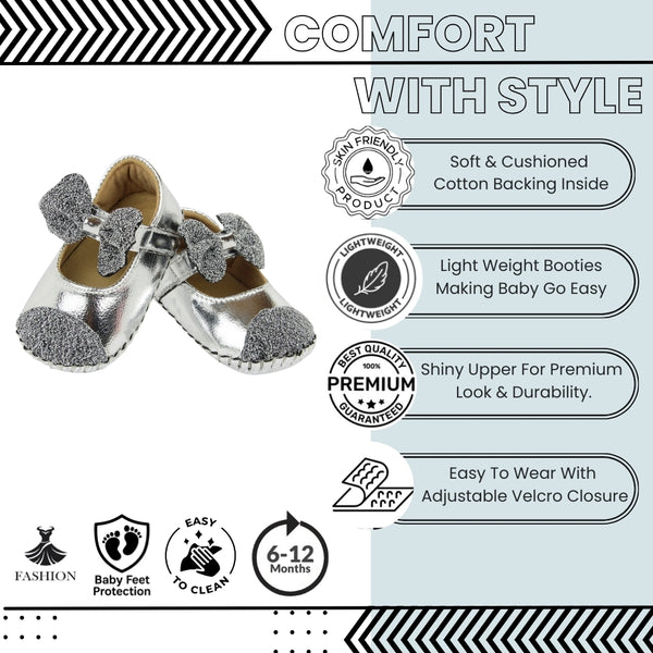Baby Girls Synthetic Partywear Bow Belly Booties (Silver)-BT1612