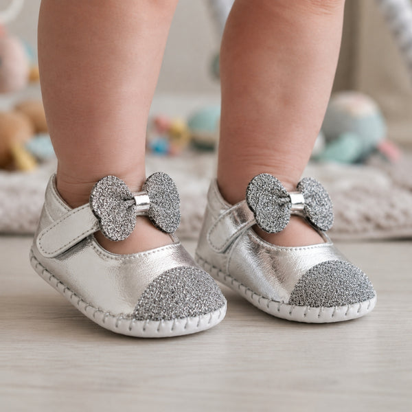 Baby Girls Synthetic Partywear Bow Belly Booties (Silver)-BT1612