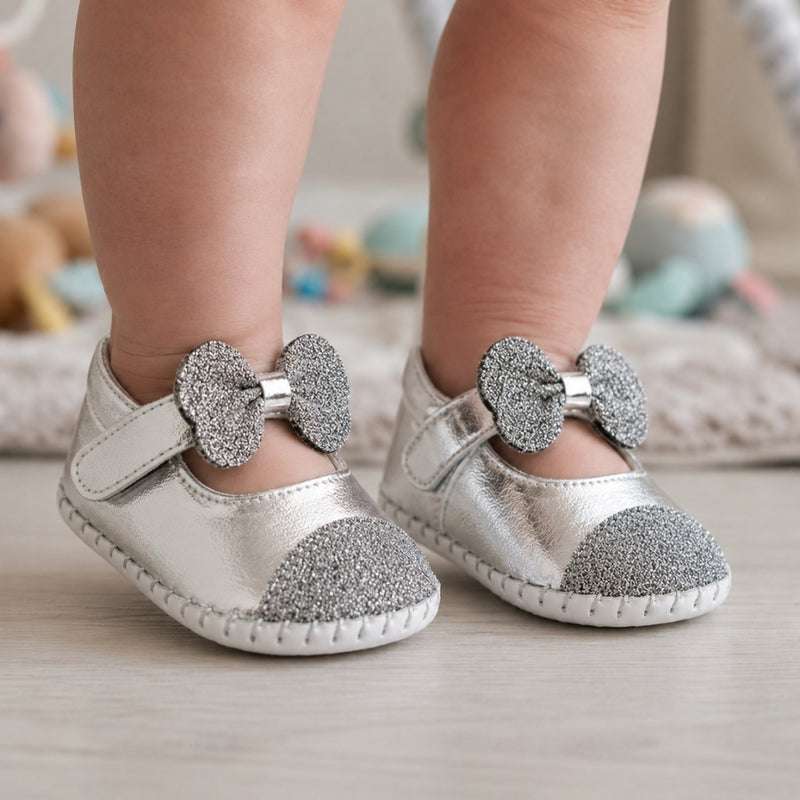 Baby Girls Synthetic Partywear Bow Belly Booties (Silver)-BT1612