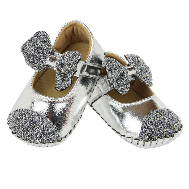 Baby Girls Synthetic Partywear Bow Belly Booties (Silver)-BT1612
