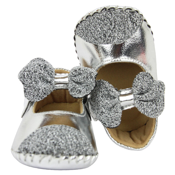 Baby Girls Synthetic Partywear Bow Belly Booties (Silver)-BT1612
