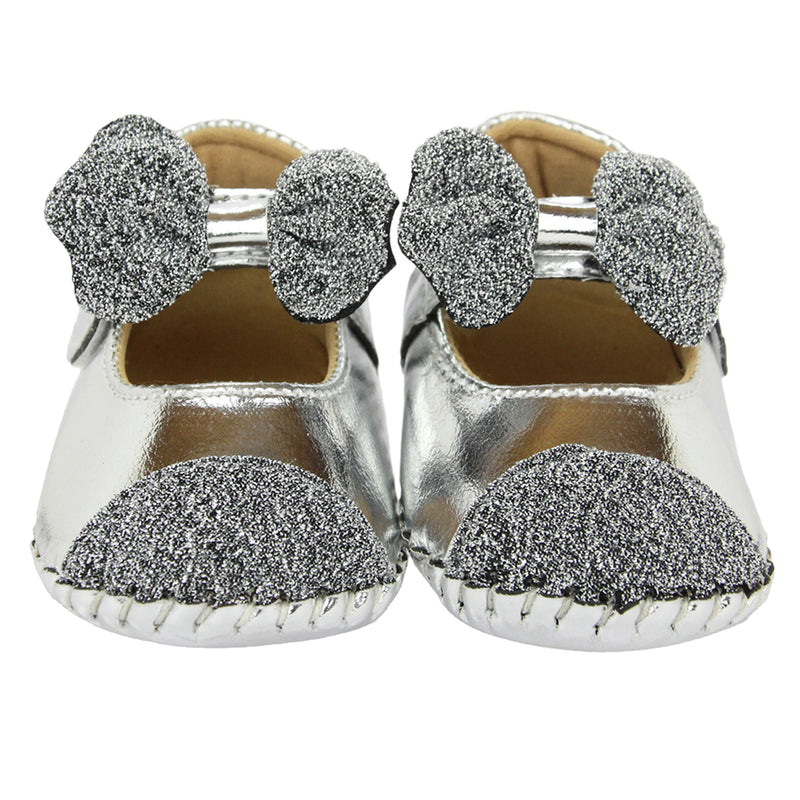 Baby Girls Synthetic Partywear Bow Belly Booties (Silver)-BT1612