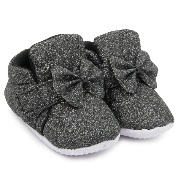 Baby Girls Cotton Velcro Partywear Black Bow Shoes-BT1766