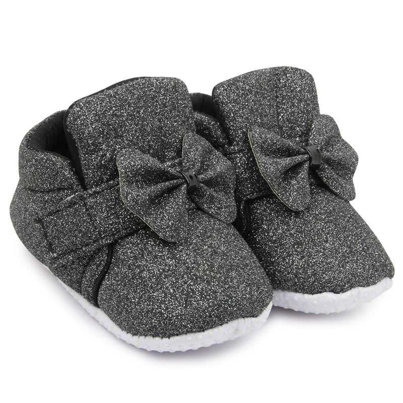 Baby Girls Cotton Velcro Partywear Black Bow Shoes-BT1766