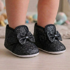 Baby Girls Cotton Velcro Partywear Black Bow Shoes-BT1766