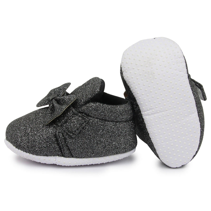 Baby Girls Cotton Velcro Partywear Black Bow Shoes-BT1766
